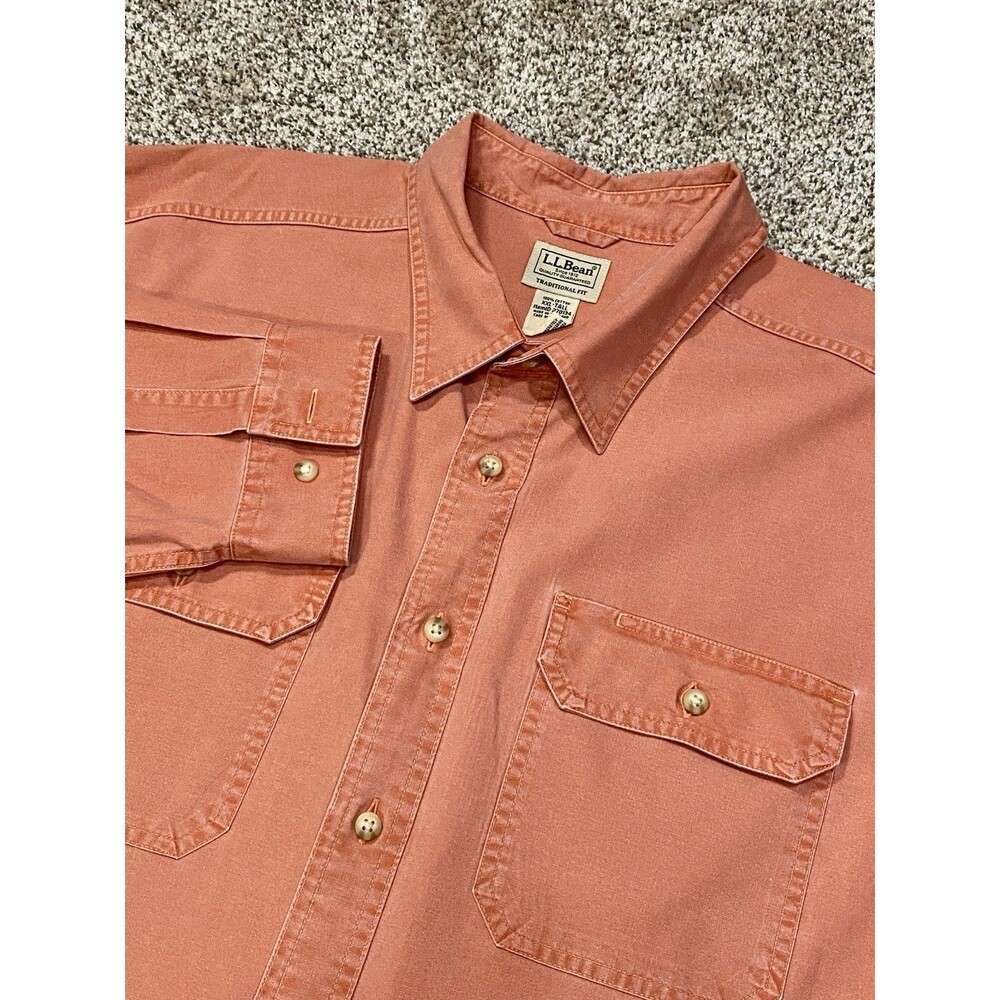 LL Bean Shirt Men 2XLT Tall Sunwashed Canvas Button WorkWear Pockets Salmon